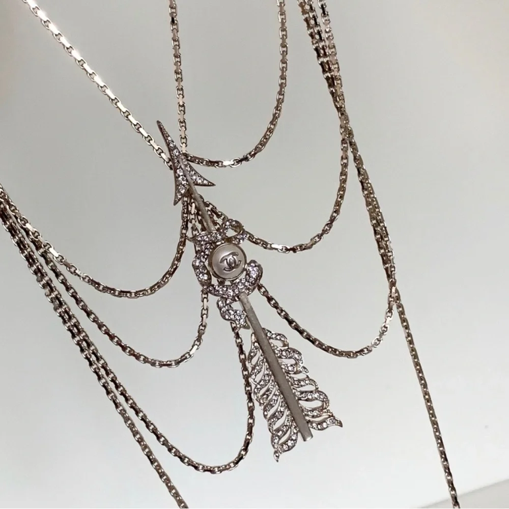 CHANEL Crystal Pearl Multi Strand Chain CC Arrow Necklace Gold - Picture 11 of 16